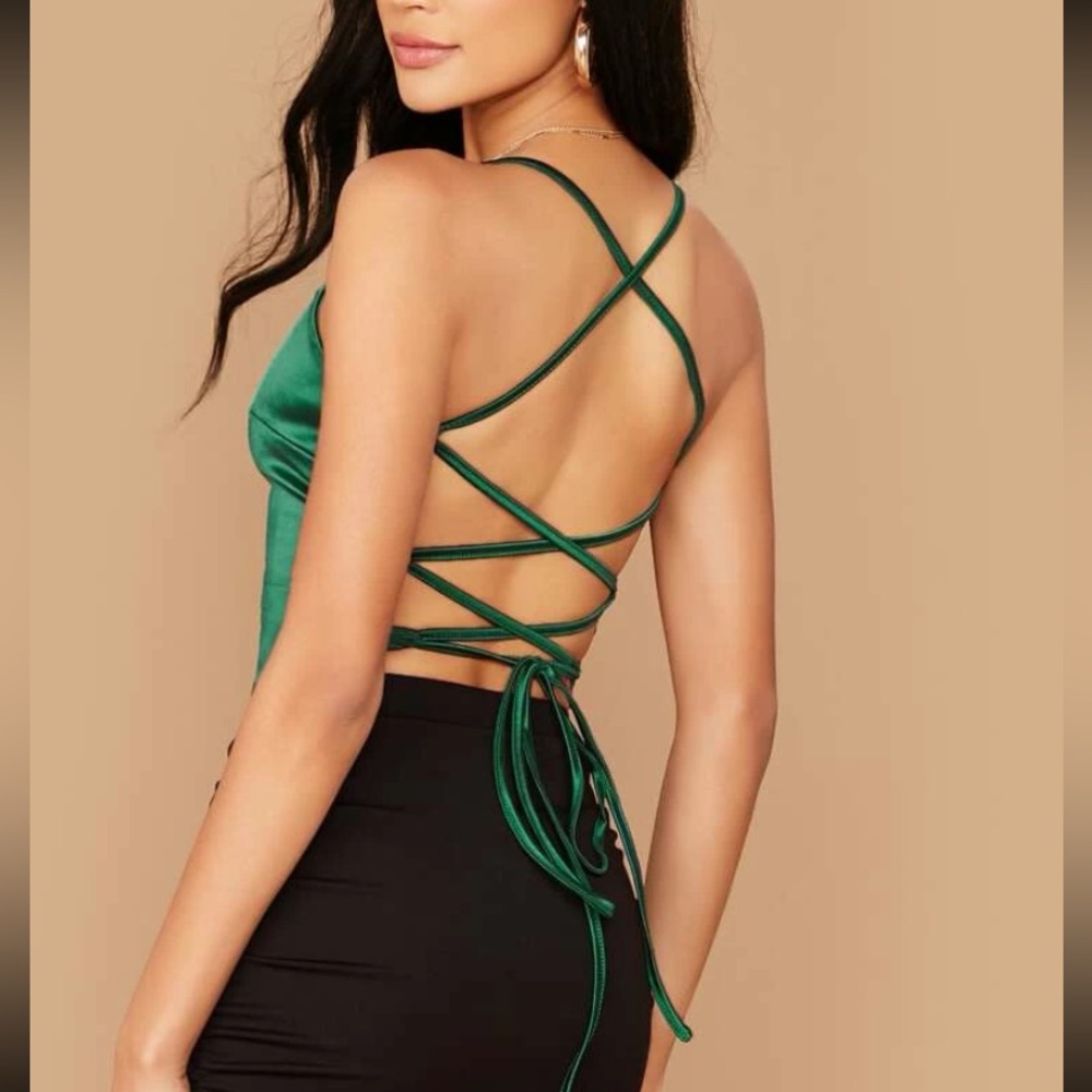 SHEIN BAE Satin Lace-Up Open Back Cami Top Green Small